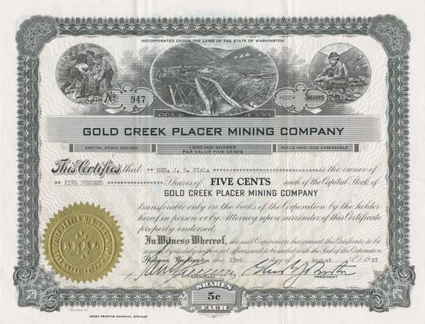 Gold Creek Placer Mining Co. - Stock Certificate